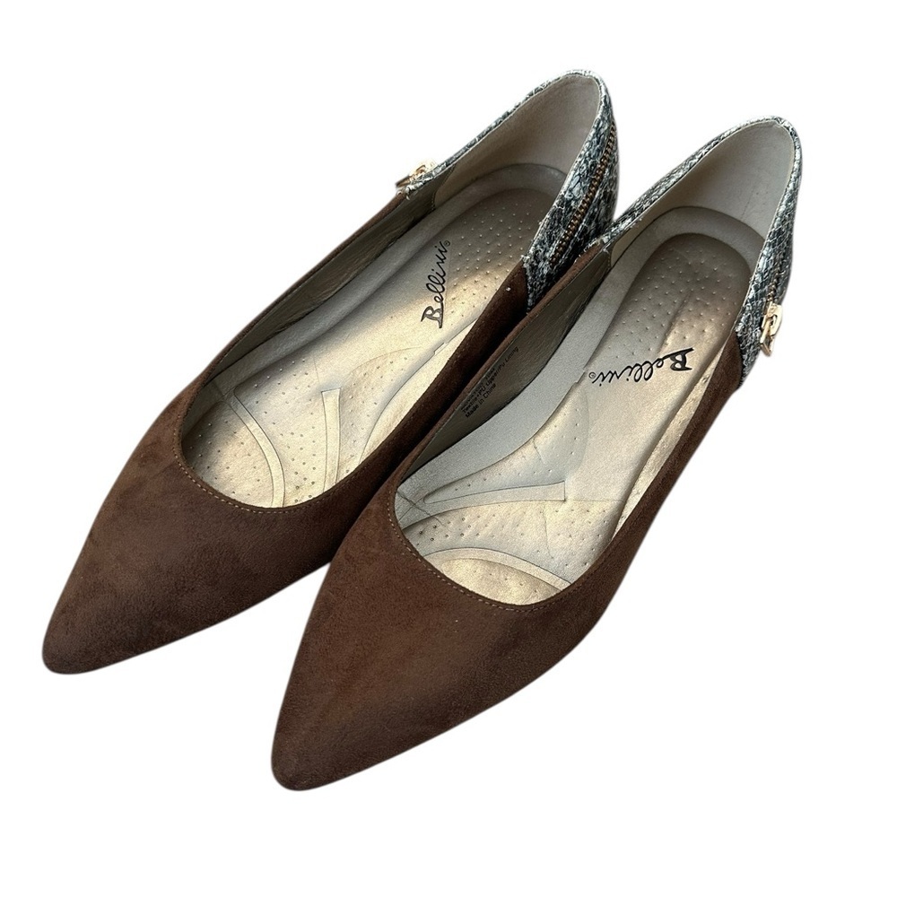 Bellini Novatoo Brown Textile and Snake Print Flats With Zipper Detail size 10